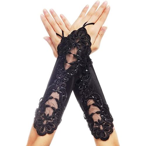 1 Paire De Gants Sans Doigts De Mariée En Satin De Dentelle À Sequins (Noir), Gants Élégants Pour Femmes, Utilisés Pour Les Costumes De Mariage, Banquet, Bal, Danse, Opéra