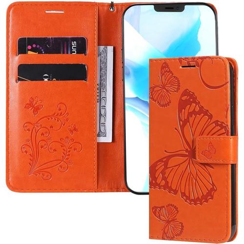 Coque Samsung A41 Housse Etui À Rabat, Cuir Pu Etui Avec [Magnétique] [Portefeuille] [Porte Carte] Protection Pour Samsung Galaxy A41. Butterfly Orange Kt