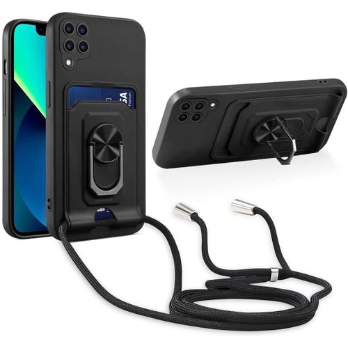 Cordon De Coque Compatible Avec Samsung Galaxy A22 4g,[Bquille 360¡Ã Rotatif] [Fentes Pour Cartes] Antichoc Rglable Lanyard Silicone Case - Noir