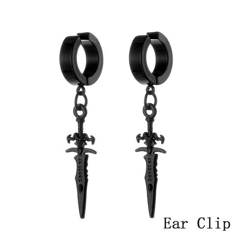 Boucles D'oreilles Pendantes En Acier Inoxydable Pour Hommes Et Femmes,Clip D'oreille De Poignard,Pendentif Punk,Épée Croisée,Faux Piercing,Noir,1 Paire