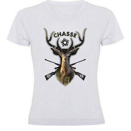 T-Shirt Femme Chasse "Le Chasseur Le Cerf Et Le Fusil" | Tes Shirt Chasseuse Couleur Blanc Des Amis Du Gibier Et De La Chasse - Du S Aux Xxl