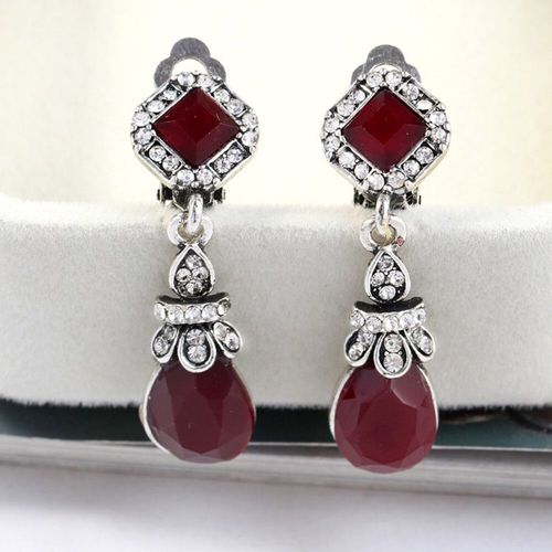 Faux Piercing Vintage,Boucles D'oreilles En Résine Noire Rouge Géométrique Carré Clip,Boucles D'oreilles Non Percées Bohème,Boucles D'oreilles Pour Femmes