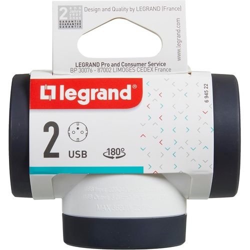 694522, Adaptateurs 2P+T, 2 Prises de Prises/Courant latérales rotatives, Ports USB Type A et C, Voleur de Prises, Blanc/Gris foncé