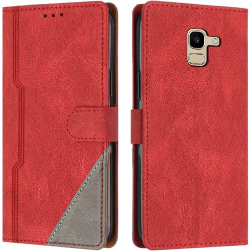 Coque Pour Samsung Galaxy J6 2018, Housse Etui Portefeuille Cuir Multifonction, Fermeture Magntique Clapet [Fonction Support] Flip Case Compatible Avec Samsung Galaxy J6 2018 (Rouge)