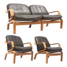 Ensemble De Canap 2 Places Danois Vintage Et 2 Fauteuils Avec Revtement En Cuir Des Annes 1970 Marron