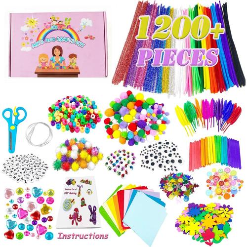 Kit Bricolage Enfant, 1200+Pièces Enfant Feutrine Loisirs Creatif Diy Activites Manuelles, Kit Creatif Enfant Avec Ponpon Couleur Enfant, Pipe Cleaners, Bâtons Popsicle, Plume, Autocollants