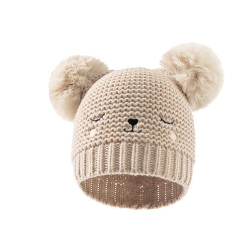 Bonnet Tricoté Brodé Pour Enfants Bonnet En Laine À Double Boule Solide Pour Bébé Automne Et Hiver (Kaki)