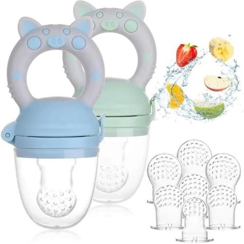 Siksog-2pcs Tetine Fruits Bebe,Tétine Dalimentation, 7 Pcs De Sacs En Silicone (3 Tailles- S, M, L)Tétine À Fruit Grignoteuse Bleu