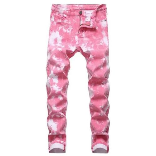 Jeans Hommes Skinny Slim Denim Tie Dye Stretch Pant Hip Hop Streetwear - Rose - Missmao