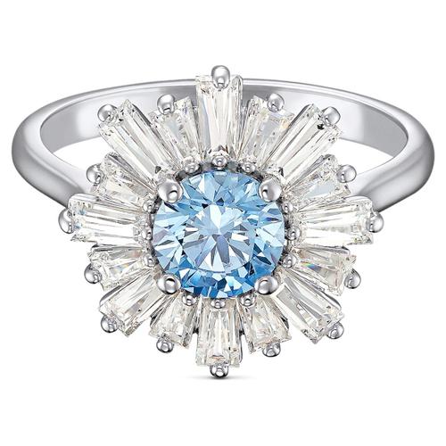 Bague Sunshine, Tailles Variées, Bleues, Métal Rhodié