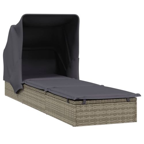 Transat Chaise Longue Bain De Soleil Avec Toit Pliable 213 X 63 X 97 Cm Résine Tressée Gris Helloshop26 02_0012208