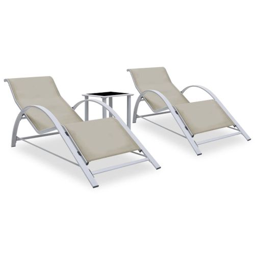 Lot De 2 Transats Chaise Longue Bain De Soleil Lit De Jardin Terrasse Meuble D'extérieur Avec Table Aluminium Crème Helloshop26 02_0012073