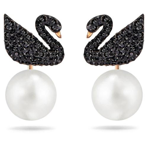 Boucles D?Oreilles Transformables Iconic Swan, Cygne, Noir, Placage De Ton Or Rosé