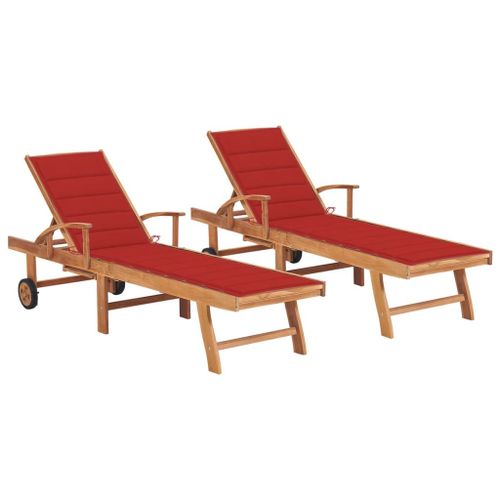 Lot De 2 Transats Chaise Longue Bain De Soleil Lit De Jardin Terrasse Meuble D'extérieur Avec Coussin Rouge Bois De Teck Solide Helloshop26 02_0012035
