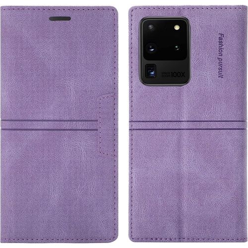 Coque Samsung Galaxy S20 Ultra, Etui Samsung S20 Ultra [Magntique] Tpu Antichoc Housse Cuir Pour Samsung S20 Ultra [Fentes Pour Cartes] [Etui Rabat] Flip Case Pour Samsung S20 Ultra (Violet)