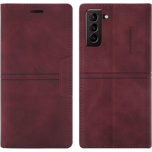 Coque Samsung Galaxy S21 Plus, Etui Samsung S21 Plus [Magntique] Tpu Antichoc Housse Cuir Pour Samsung S21 Plus [Fentes Pour Cartes] [Etui Rabat] Flip Case Pour Samsung S21 Plus (Rouge)