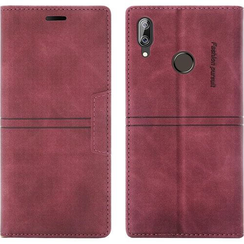 Coque Huawei P Smart 2019/Honor 10 Lite, Protection Etui [Magntique] Tpu Antichoc Housse Cuir Premium En Cuir Pu [Fentes Pour Cartes] [Etui Rabat] [Pochette De Portefeuille] (Rouge)