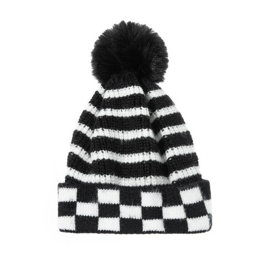 Bonnet Tricoté Boule De Fourrure Dames Automne Et Hiver Bonnet Chaud Rayé (Noir)