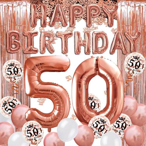 Déco anniversaire 50 ans or rose, bannière joyeux anniversaire, ballon  hélium chiffres 50 XXL, rideau à franges or rose confettis latex table  numéro déco confetti fille femme