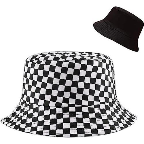 Chapeau Seau Réversible Chapeau De Soleil De Pêche Pour Femmes Filles, Drapeau À Damier