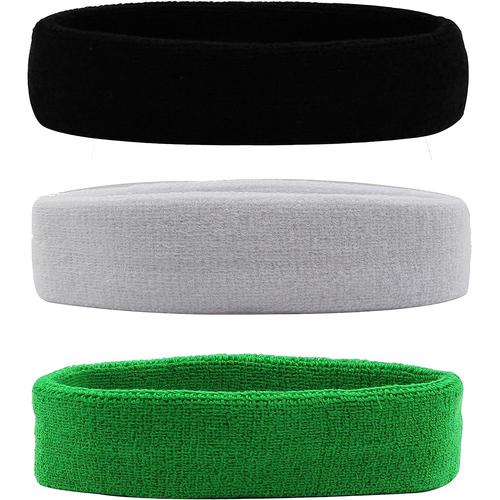 Bandeau De Sport Pour Hommes Et Femmes Bandeau Élastique En Coton Anti-Dérapant Pour Le Sport, Noir/Blanc/Vert (3 Pièces)