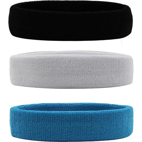 Bandeau De Sport Pour Hommes Et Femmes Élastique Pour Cheveux Bandeau De Sport En Coton Anti-Humidité, Noir/Blanc/Bleu Ciel (3pc)