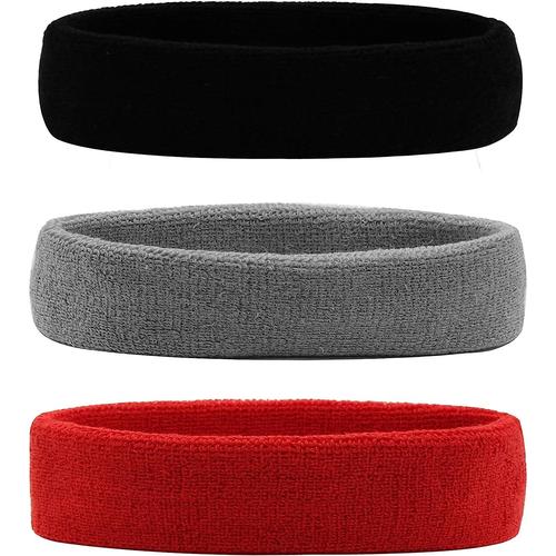 Bandeau De Sport Pour Homme Et Femme Bandeau Élastique En Coton Anti-Dérapant Pour Le Sport, Noir/Gris/Rouge (3 Pièces)