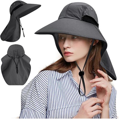 Chapeau De Soleil Anti Uv Chapeau De Randonnée Avec Protection Du Cou Chapeau De Pêcheur À Large Bord Pliable Réglable Respirant Mesh Hommes Femmes Gris Foncé