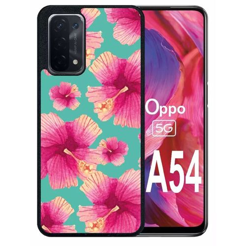 Coque Pour Oppo A54 5g - Hibiscus Fond Turquoise - Silicone - Noir