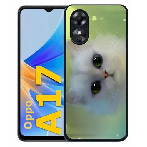 Coque Pour Oppo A17 - Chat Blanc Yeux Emeraude - Silicone - Noir