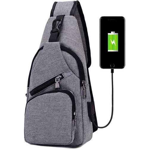 Sac à bandoulière pour homme, sac de poitrine avec chargement USB et port pour écouteurs, sac à dos de voyage pour homme (seulement un sac à dos), gris