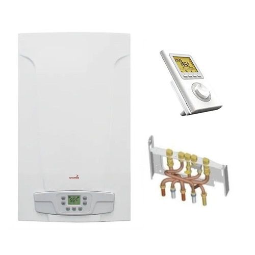 Chaudière Gaz BasNox Luna ST Blue Chappée 24 kW / Cheminée Complète (Douilles + Dosseret) avec Thermostat Filaire