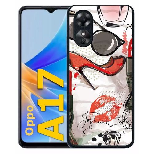 Coque Pour Oppo A17 - Motif Girly Fond Blanc - Silicone - Noir