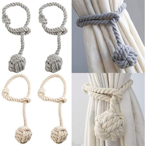 Embrasses De Rideaux 2 Paires De Pinces À Tricoter À La Main Pour Tricoter Un Rideau En Corde De Coton, Style Naturel Et Simple, Pour La Décoration De La Chambre Ou De La Chambre, Blanc Et Gris