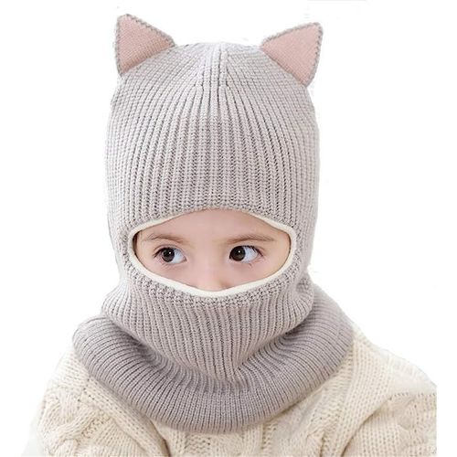 Bébé Filles Garçons Hiver Chaud Écharpe Châle Chapeau Tricot Mignon Visage Couverture Cagoule, Gris