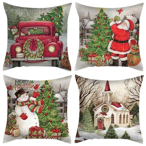 Décoration De Noël Housses De Coussin De Noël 18 X 18 Lot De 4 Décoratifs Rouge Noel Père Noël Bonhomme De Neige Arbre De Noël Oiseau Taie D'oreiller Double Face Hiver Taies D'oreiller Carrées Noël Va
