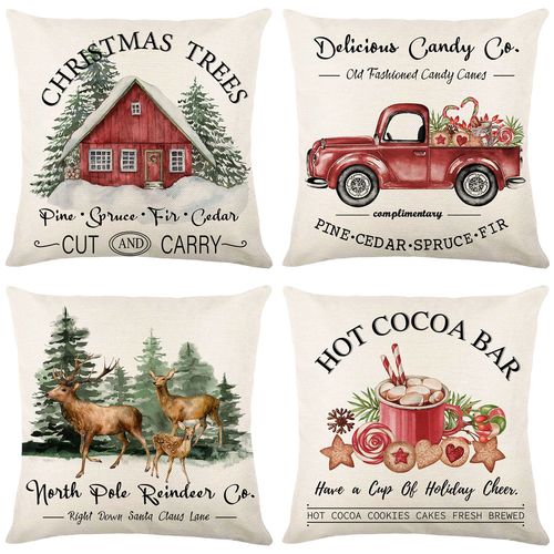 Décoration De Noël Housses De Coussin De Noël 18 X 18 Ensemble De 4 Décoratifs Rouge Arbre De Noël Oiseau Double-Face Taie D'oreiller Hiver Carré Taies D'oreiller Noël Vacances Décoration De La Maison