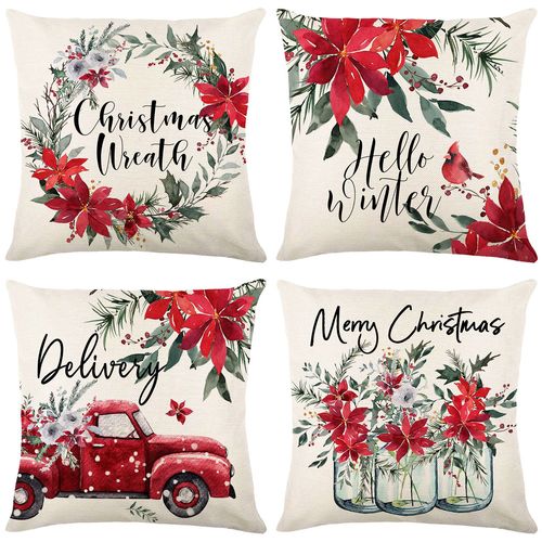 Housses De Coussin De Noël Rouges 45,7 X 45,7 Cm Lot De 4 Taies D'oreiller Décoratives À Carreaux De Poinsettia En Polyester Housses De Coussin En Lin Pour Canapé, Canapé-Lit, Décoration De Noël