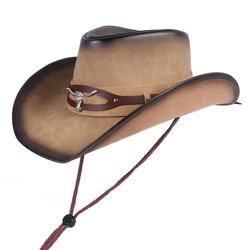 1 Chapeau De Cowboy Occidental En Pu, Casquette Vintage En Cuir Cappello Classics Dad Avec Corde À Vent, Pour Homme Et Femme
