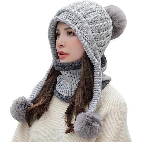 Femmes Hiver Bonnet Chapeau Péruvien Cercle Écharpe Ensemble Ski Oreille Rabats Caps Double Couche Polaire Doublé Pompons (Gris)