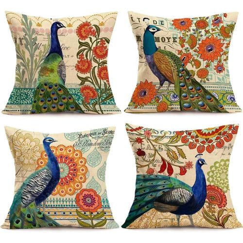 Lot De 4 Housses De Coussin Paon Seulement Taies D'oreiller Carrées Décoratives Housse De Coussin En Lin Coton 18 X 18 Pouces (Paon)