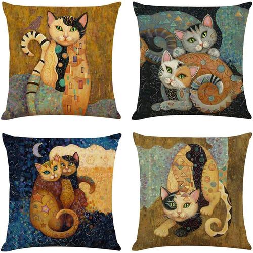 45,7 X 45,7 Cm Lot De 4 Taies D'oreiller En Lin Abstrait Chat, Cadeaux Pour Les Amoureux Des Chats, Oreiller Drôle De Chat, Décoration De Chambre D'enfant, Cadeaux De Propriétaires De Chat, Décoration