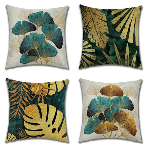 Ensemble De 4 Pièces, 18 * 18 ""/45 * 45cm Feuille D'or Gingko Feuille Plante Verte Taie D'oreiller En Lin Or Lin Canapé Oreiller Coussin Oreiller De Bureau