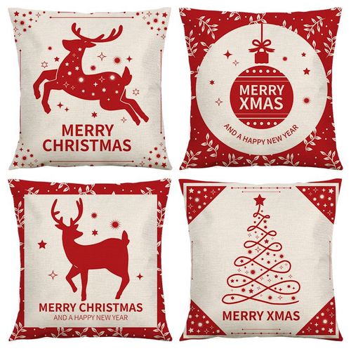 4 Pièces, Sapin De Noël, Wapiti, Rouge, 18 * 18 ""/45 * 45cm Taie D'oreiller De Noël, Lin Salon, Chambre, Canapé, Coussin Oreiller