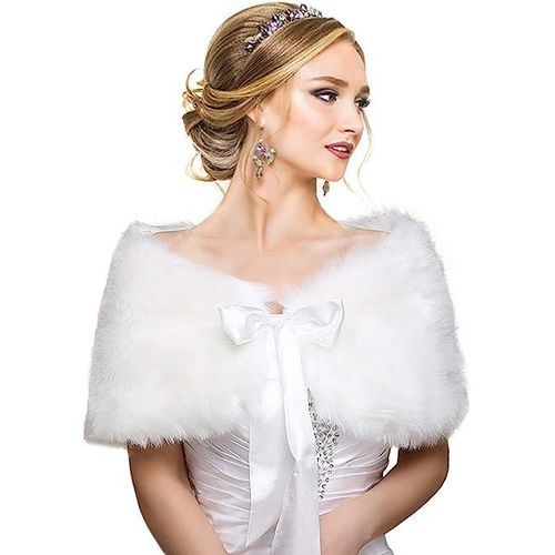 Châle En Fausse Fourrure Haussement D'épaules Cadeau Pour Femme Ivoire Avec N¿Ud En Satin, Mariée S 37,4"" L, 11"" W