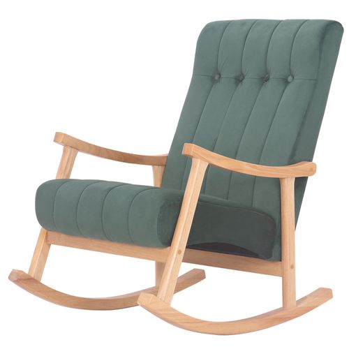 Fauteuil À Bascule En Velours Vert Avec Boutons Décoratifs Piètement En Bois Clair Fab10080