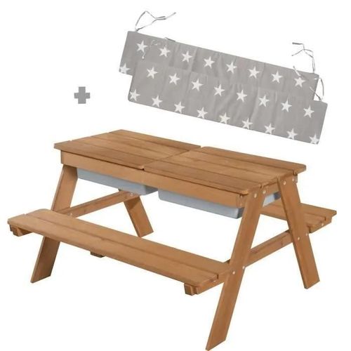 Roba Table Sable Et Eau En Bois Massif Avec Bac De Sable Et 2 Coussins - Résistante Aux Intempéries - Teck