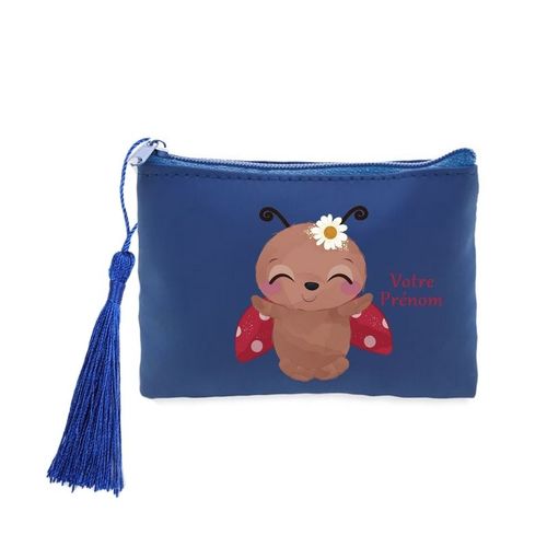 Porte monnaie et cles bleu coccinelle et fleur personnalisable