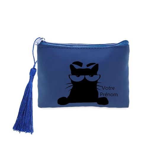 Porte monnaie et cles bleu avec motif chat angry personnalisable