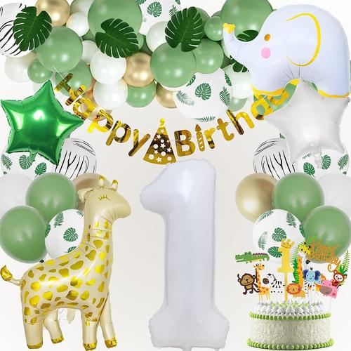 Décoration pour 1er anniversaire garçon fille, safari 1 an, garçon, fille,  ballon de 1er anniversaire jungle, ballons verts, blancs et dorés pour  premier anniversaire
